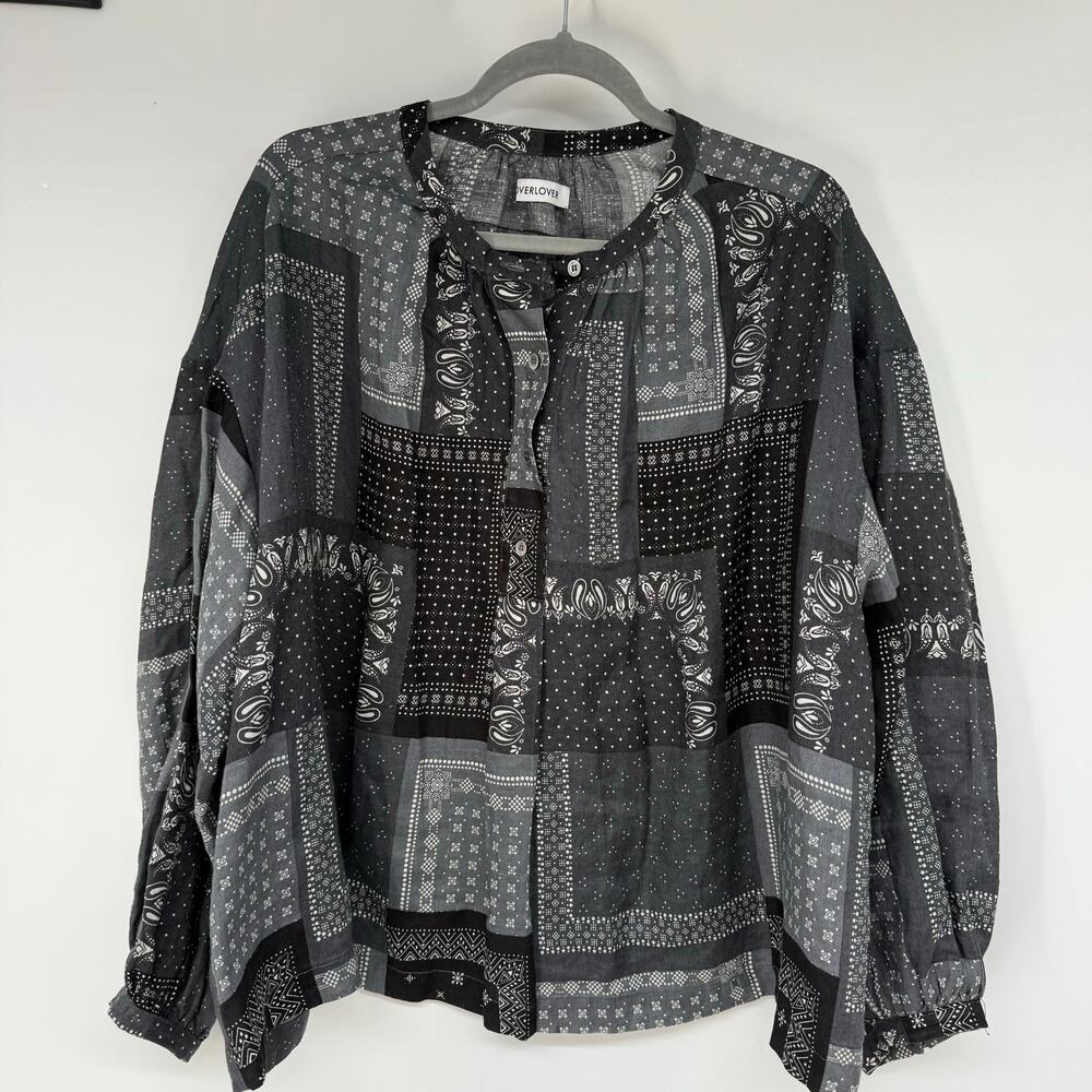 Overlover Patchwork Bandana Print Woven Top Women's Size L Black Gray 100% Linen